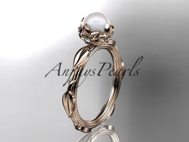14k White Gold Engagement Ring Pearl Engagement Ring Pearl Jewelry 14k Gold Ring Diamond Engagement Ring image 2