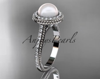 Pearl Engagement Ring Vintage Wedding Rings for women 14kt White Gold Diamond Pearl unique halo Engagement Ring AP97