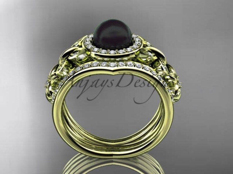 Pearl Bridal Set Pearl Engagement Ring Pearl Double Band Ring Set 14kt