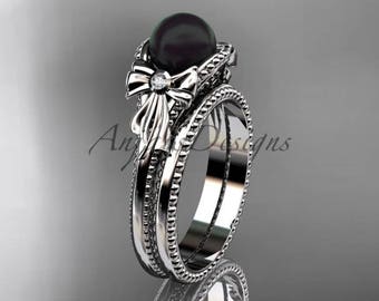 Black Pearl Engagement Ring Set White Gold Ring Bow Engagement Ring Gold Pearl Ring