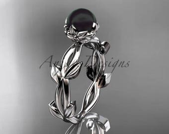 Pearl Engagement Ring Black Pearl Flower leaves Engagement White Gold Ring without Diamonds ABP522