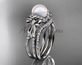 Pearl Engagement Ring Simple elegant Wedding Rings for women Pearl Bridal Set Platinum Diamond bow Wedding Ring AP155S