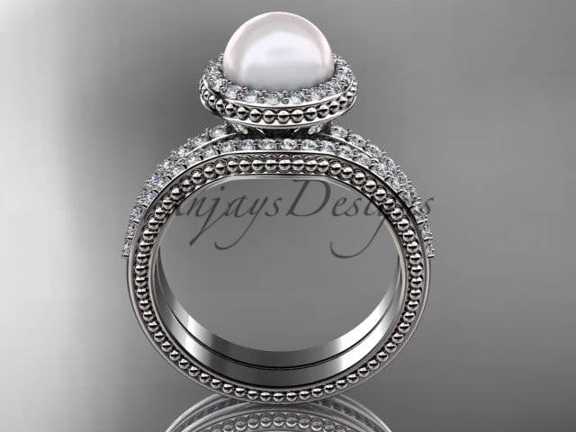 Pearl Bridal Set Pearl Engagement Ring Ladies Wedding Ring Sets Pearl Platinum Diamond halo