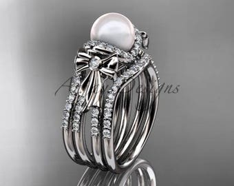 Simple elegant Wedding Rings for women Pearl Engagement Rings double band 14kt White Gold Diamond bow Wedding Ring AP155S