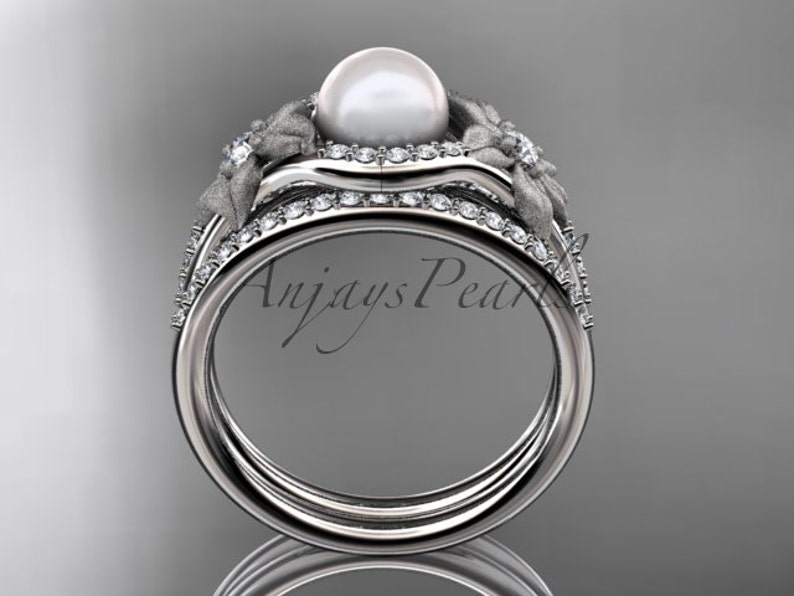 Pearl Bridal Set Pearl Engagement Ring 14k White Gold Diamond Etsy