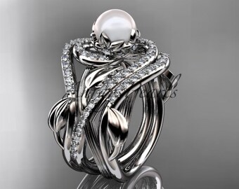 Pearl Bridal Set Pearl Engagement Ring 14kt White Gold Diamond Pearl unique Engagement Ring with double matching band AP222S