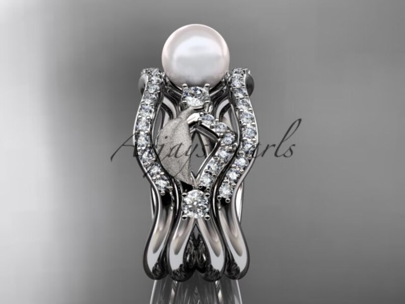 Pearl Bridal Set Pearl Engagement Ring 14k White Gold Diamond Pearl