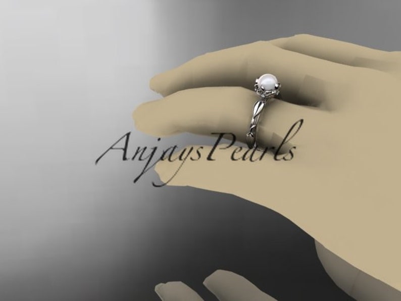 14k White Gold Engagement Ring Pearl Engagement Ring Pearl Jewelry 14k Gold Ring Diamond Engagement Ring image 5