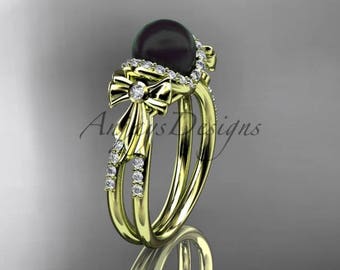 Pearl Engagement Ring Simple elegant Wedding Rings for women, Bow Black Pearl Wedding Ring 14k Yellow Gold Diamond Engagement Ring ABP155