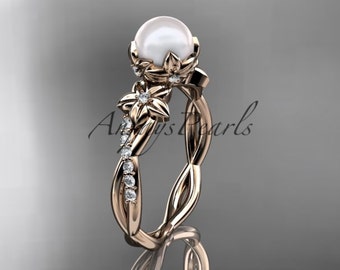 Rose Gold Engagement Ring Pearl Engagement Ring Diamond Pearl Flower Engagement Ring AP388