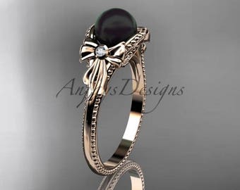 Black Pearl Engagement Ring Rose Gold Ring Bow Engagement Ring Gold Pearl Ring