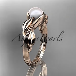 14k Rose Gold Pearl Engagement Ring Leaf Engagement Ring Gold Pearl Ring