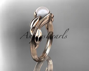 14k Rose Gold Pearl Engagement Ring Leaf Engagement Ring Gold Pearl Ring