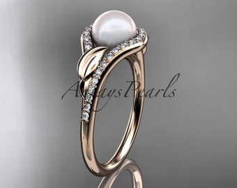 Rose Gold Engagement Ring Pearl Engagement Ring Diamond Pearl Leaf Engagement Ring AP334