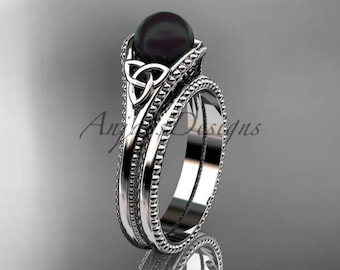 Celtic Wedding Ring Black Pearl Engagement Ring Celtic Knot Wedding Set Celtic Bridal Set White Gold Ring Unique Bridal Set