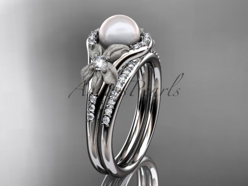 Pearl Bridal Set Pearl Engagement Ring 14k White Gold Diamond Etsy