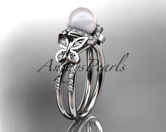 Pearl Engagement Ring 14k White Gold Diamond Pearl Handmade Engagement Ring