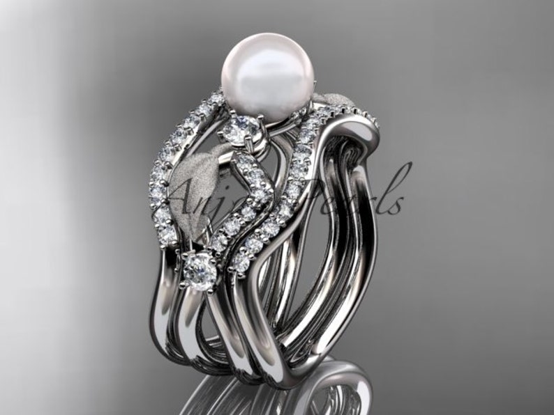 Pearl Bridal Set Pearl Engagement Ring 14k White Gold Diamond Pearl