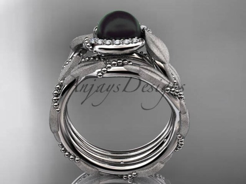 Pearl Bridal Set Pearl Engagement Ring Platinum Diamond Black Etsy