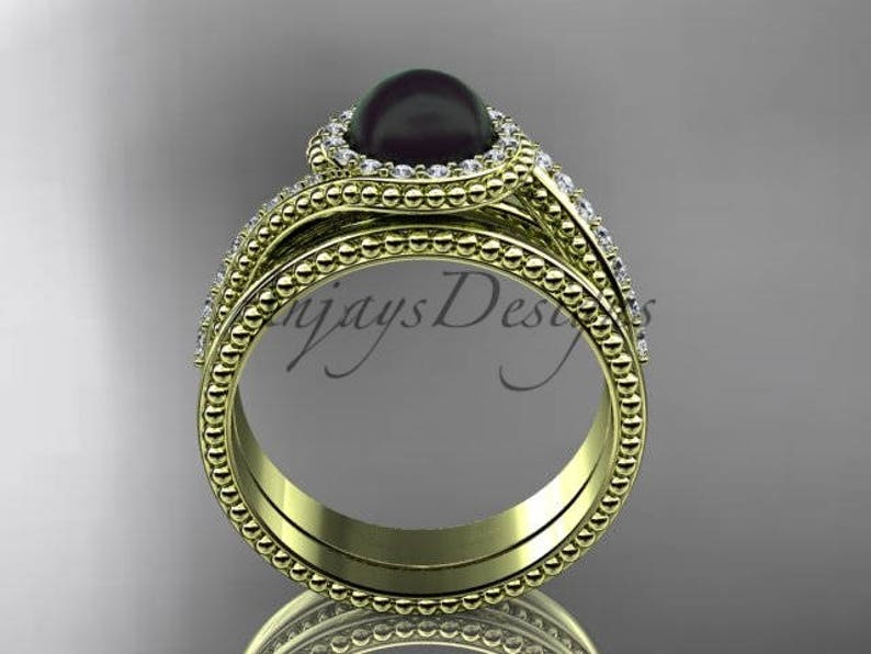 Pearl Bridal Set Pearl Engagement Ring Antique Black Pearl Etsy