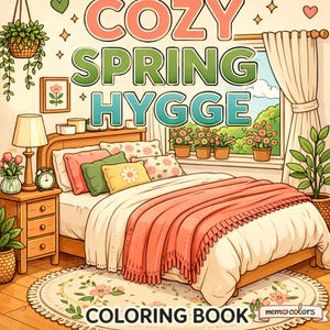 May include: Illustration of a cozy bedroom scene with a bed covered in a peach blanket and pillows. The image has the text "COZY SPRING HYGGE COLORING BOOK". A lamp, nightstand, and plants are also visible.