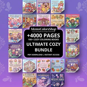 May include: A digital collection of over 100 coloring books featuring 4000 pages titled Ultimate Cozy Bundle from MemoColorsShop. The image displays various book covers with themes like Cozy Europe, Spooky Moments, and Christmas, available as a PDF download.