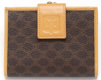 Authentic Vintage Celine Macadam Women Wallet Brown Leather Kiss Lock Bifold, Italy W/ Box