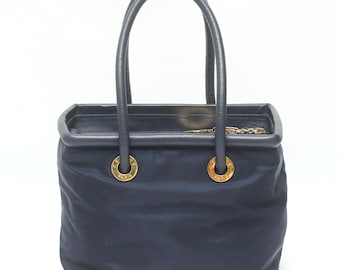 Celine Vintage Navy Nylon Leather Handbag Gold Hardware Double Top Handles Original Box