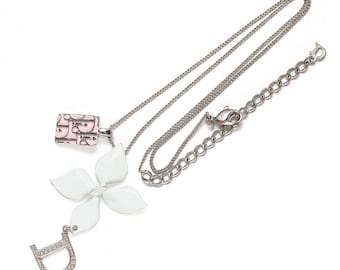 Vintage Christian Dior Flower Pendant Necklace Silver Plated Floral Charm with Rhinestones Authentic CD Jewelry