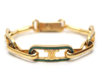 Vintage Celine Macadam Logo Green Bracelet Gold Plated Made in Italy 7.6 in