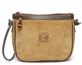 Vintage Loewe Anagram Suede Leather Crossbody Bag Beige Made in Spain W Dust Bag