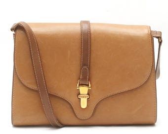 Vintage Gucci 1980s Brown Leather Clutch Shoulder Bag Detachable Strap Flap Italy