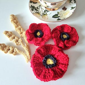 Crochet Poppy Wheat Stalk Applique Set, Sew On Floral Motifs, Remembrance Day Crafts UK
