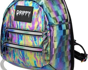 Iridescent Oil Slick Mini Backpack, Festival Hydration Pack with 1.5L Bladder
