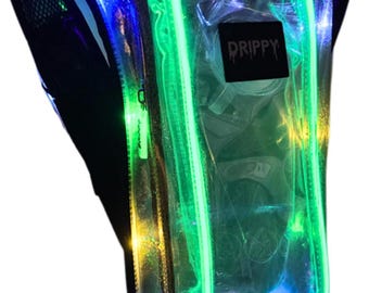Clear Glitter LED Hydration Pack for Raves, Light Up Rave Backpack with 2L Water Bladder, Multicolor LED Festival Backpack, EDC Gear