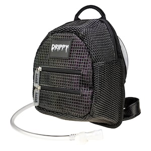 May include: Black mini backpack with a textured, iridescent finish. Features two zippered compartments, a top handle, and a hydration tube. The word "DRIPPY" is printed on a rectangular patch on the front.