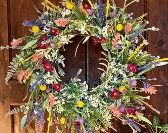 Spring Wildflower Wreath 17.7 Inch Summer Floral Door Wreath Farmhouse Front Door Decor Rustic Wall Hanging Home Decoration