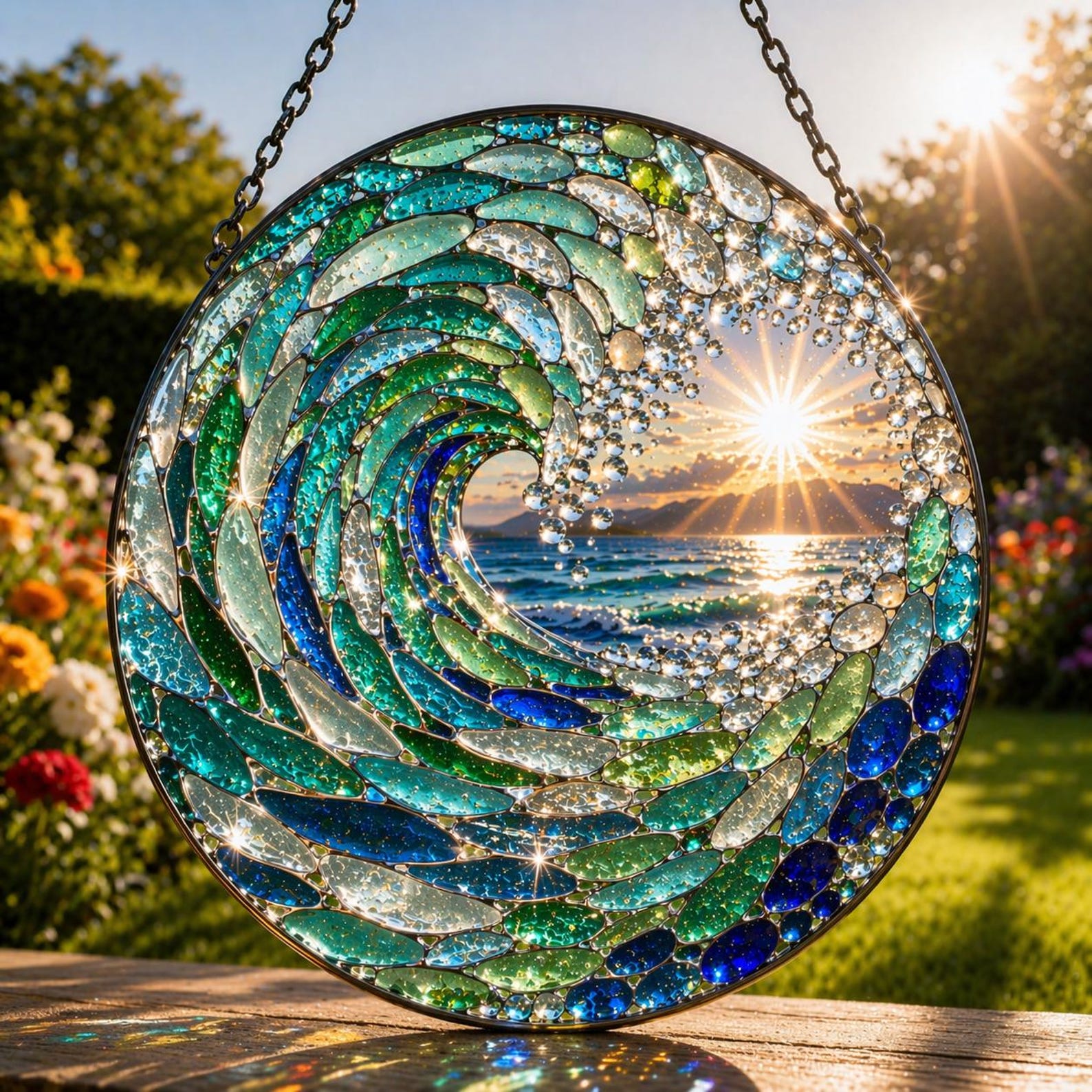 Sea Glass Ocean Wave Stained Glass Suncatcher