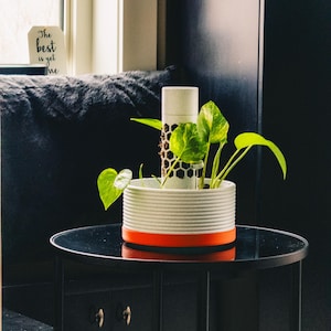 May include: A white and orange planter with a green plant on a black table. The planter has a ribbed design and a honeycomb-patterned insert. The table is round and has a black finish. A sign in the background reads "The best is yet to me."