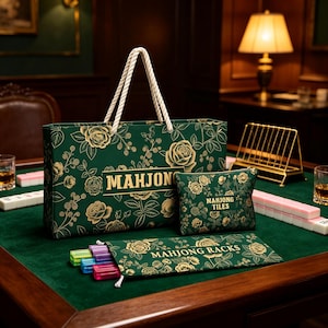 Mahjong-väska med 3 st, matchande bärkassa, kakelpåse och ställfodral