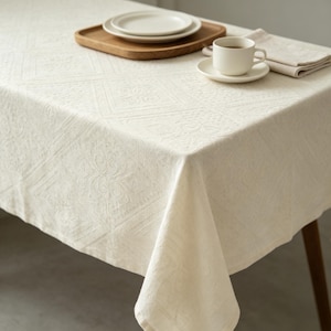 Embossed Linen Tablecloth, Cream Diamond Pattern, Water-Repellent Dining Cover
