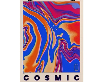 Kosmisk nr 2 abstrakt poster | Blå-orange synthwave-väggkonst (rullad)