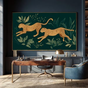 Matisse Style Cheetah Panorama, Running Leopard Wall Art, Dark Green Safari Botanical Decor, Mid Century Modern Horizontal Canvas Print