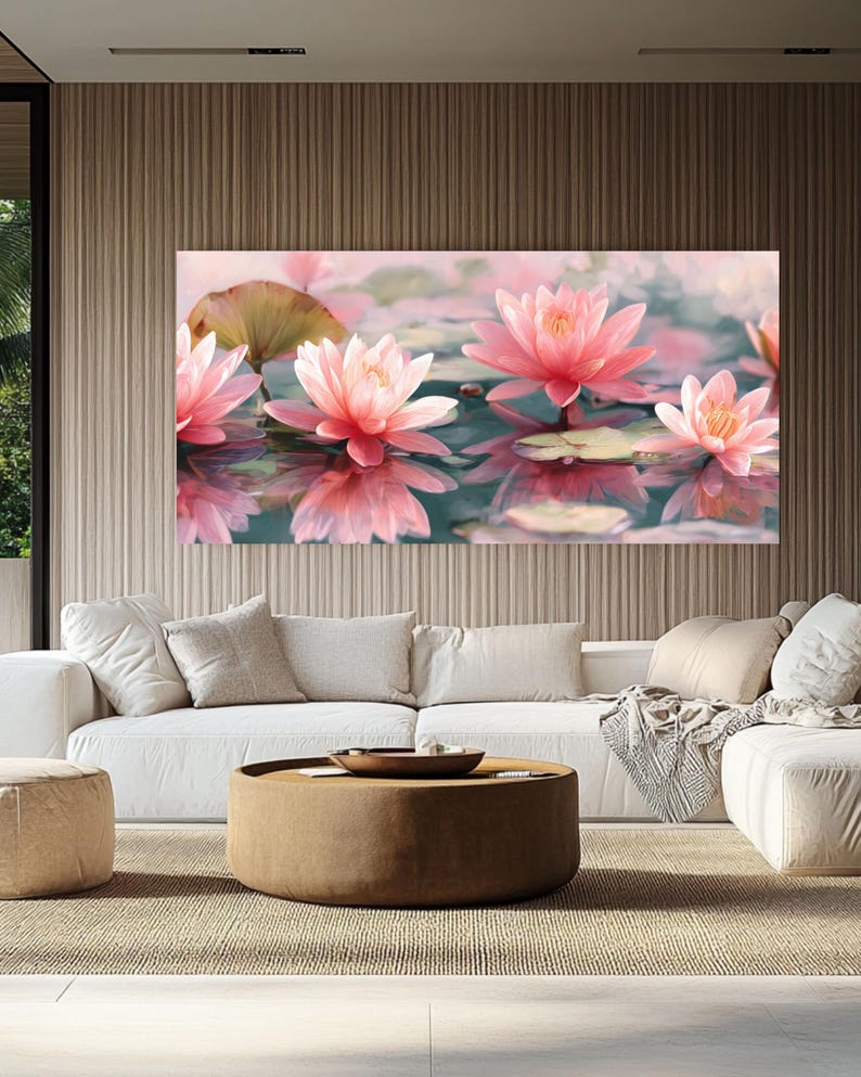 Pink Lotus Flower Panoramic Canvas, Pastel Floral Water Lily Wall Art ...