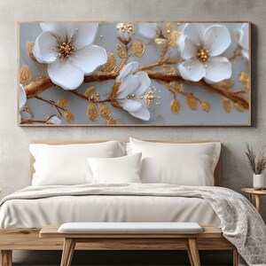 Lienzo con textura 3D de árbol de flores blancas, arte mural floral panorámico con detalles dorados, elegante pintura de flores en tonos neutros, decoración sofisticada de gran tamaño para el hogar.