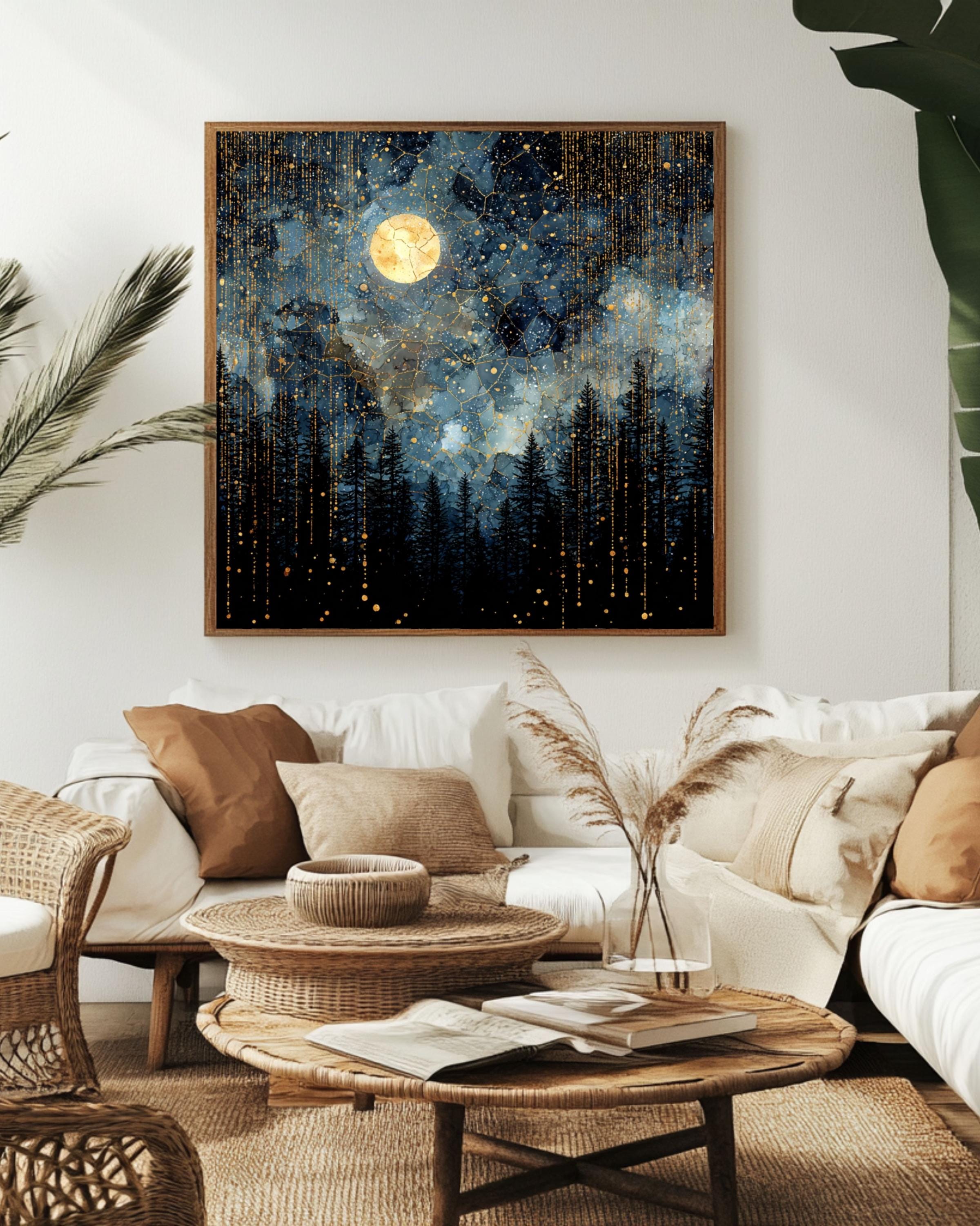 Celestial Full Moon Night Sky Square Canvas, Fantasy Forest Wall Art ...