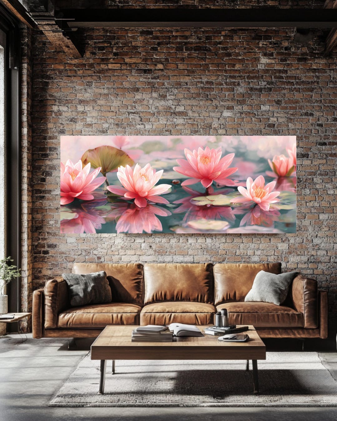 Pink Lotus Flower Panoramic Canvas, Pastel Floral Water Lily Wall Art ...