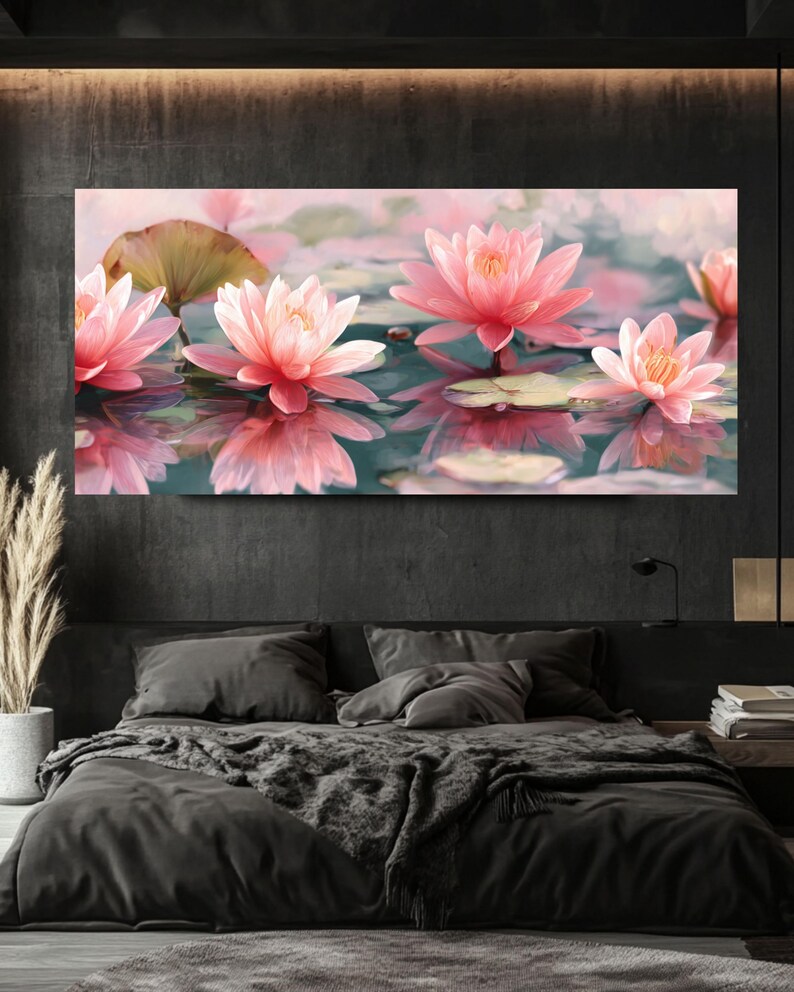 Pink Lotus Flower Panoramic Canvas, Pastel Floral Water Lily Wall Art ...
