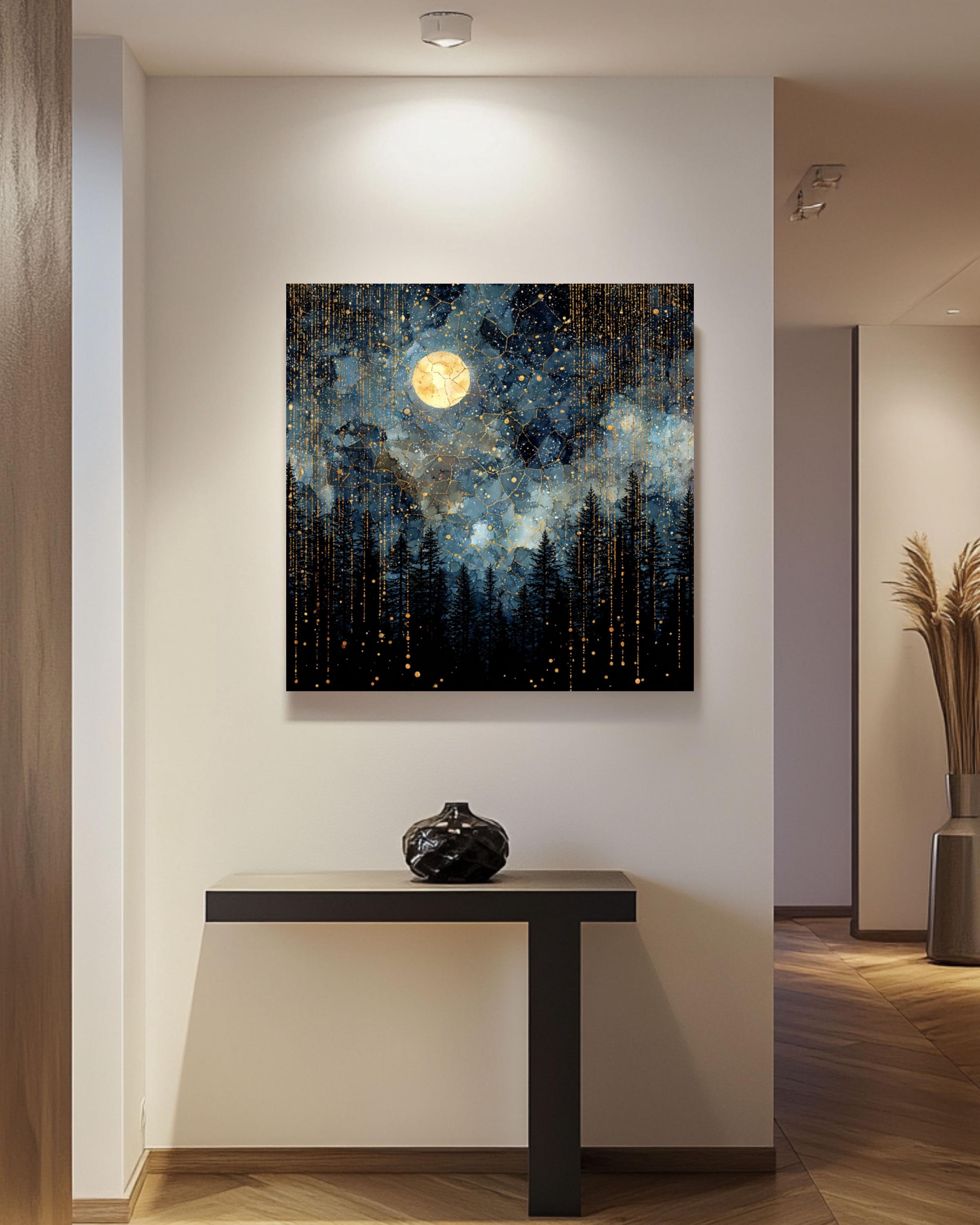 Celestial Full Moon Night Sky Square Canvas, Fantasy Forest Wall Art ...