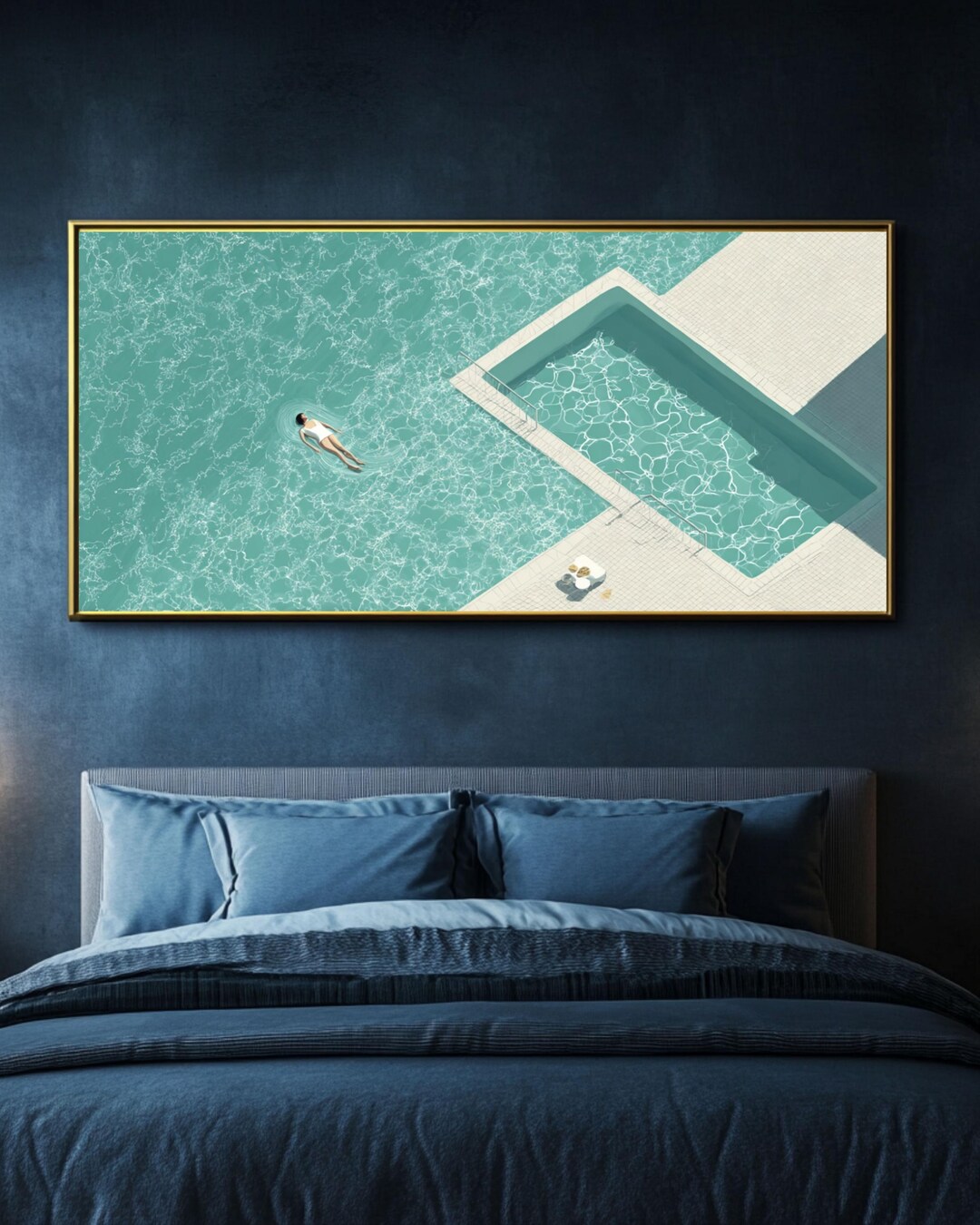 Pool Canvas Minimalist Aerial Pool Canvas Art, Teal Sea Swimming Panorama, Modern ...